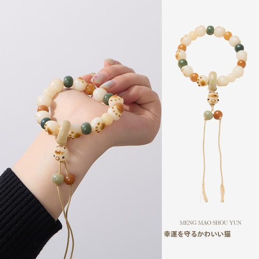 Dunhuang Bodhi Cat Paw Bracelet Multi-Treasure Charcoal Burnt Cat White Jade Bodhi Seed Play Bead Bracelet Soft Wrap Around Finger
