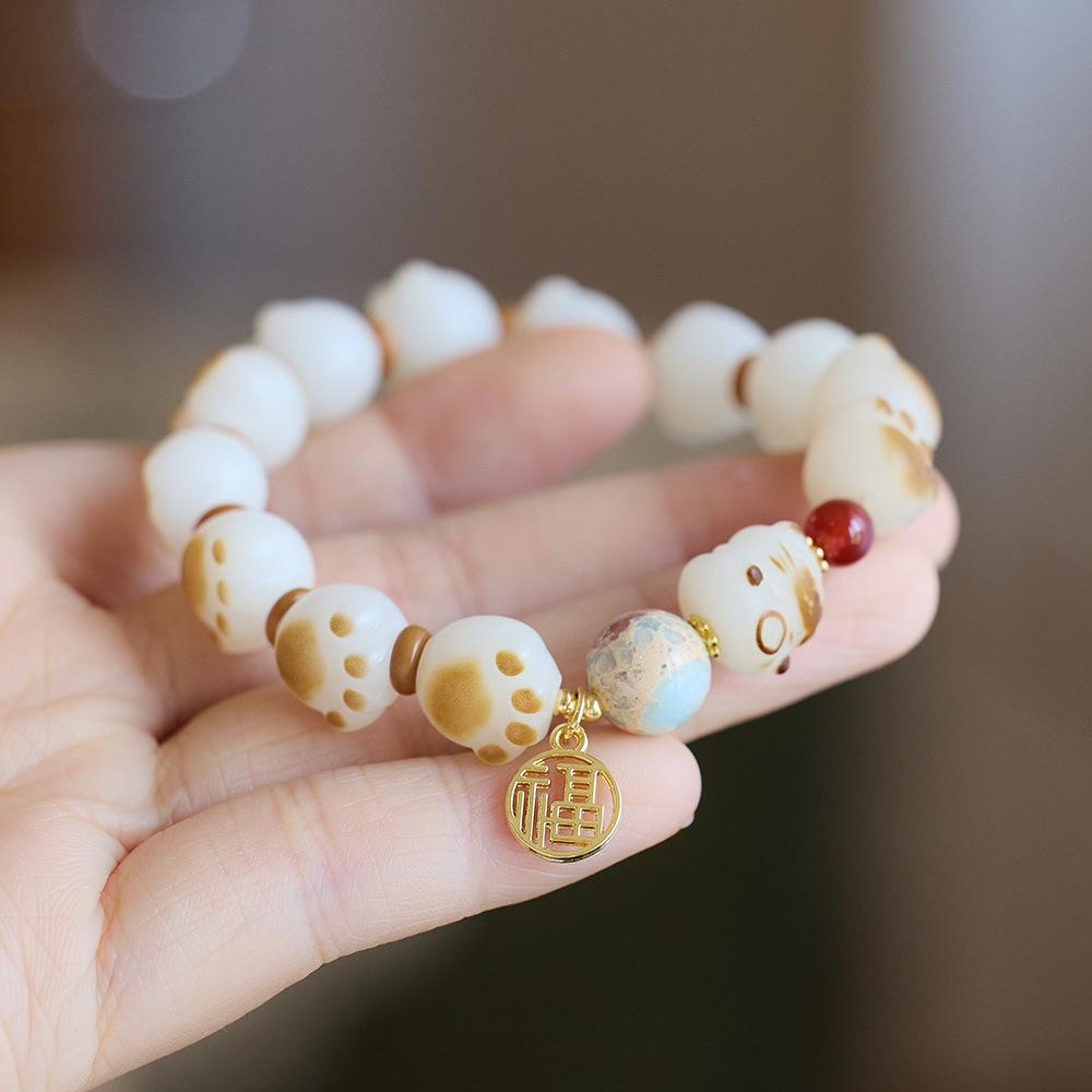 Natural Charcoal Burnt Cat Paw Bodhi Root Bracelet for Women Cat Milk Bean Pendant Bodhi Root Small Cat Buddha Bead Bracelet