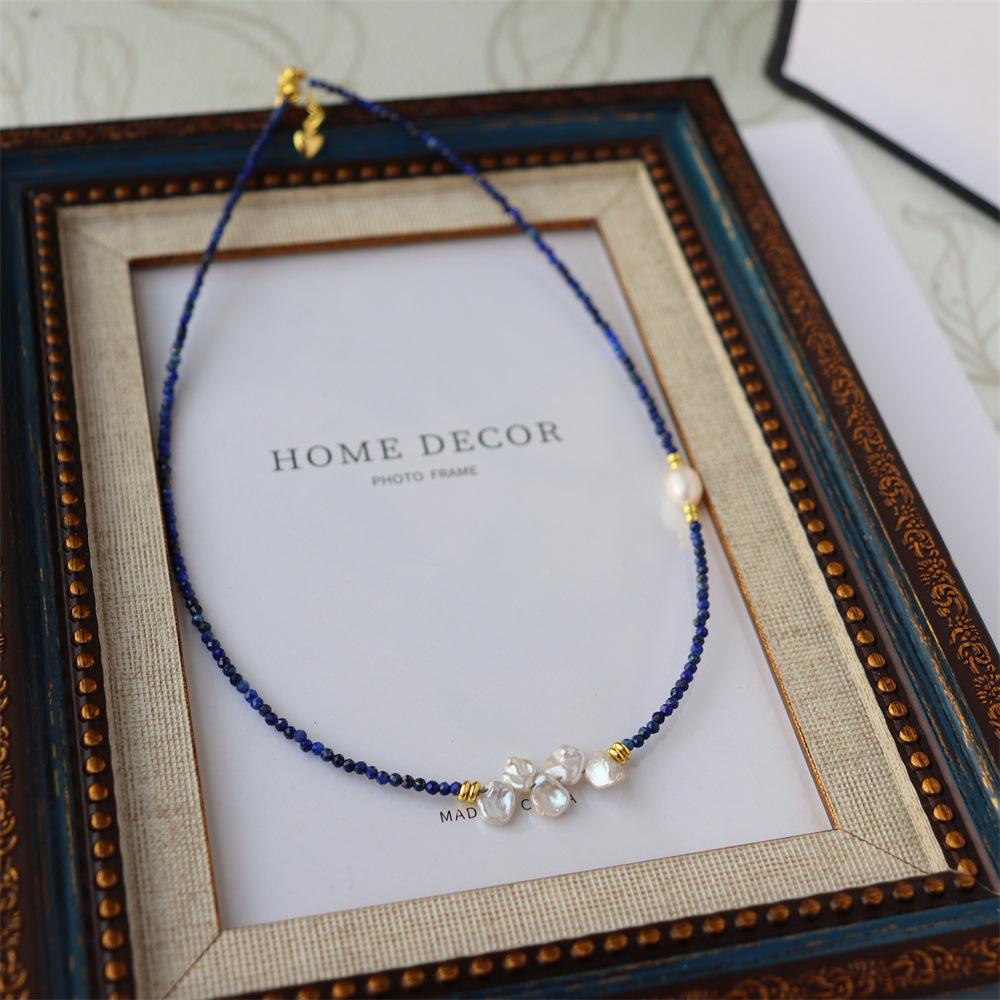 Design Simple Natural Lapis Lazuli Malachite Freshwater Petal Pearl Necklace Ultra-fine Layered Collarbone Chain Necklace