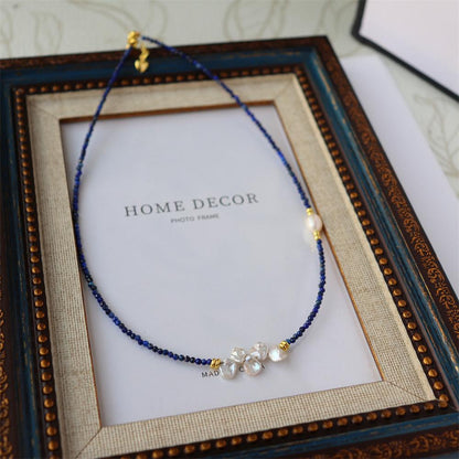 Design Simple Natural Lapis Lazuli Malachite Freshwater Petal Pearl Necklace Ultra-fine Layered Collarbone Chain Necklace