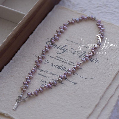 Natural Freshwater Baroque Pearl Taro Purple Pearl Necklace Simple Round Bead Necklace