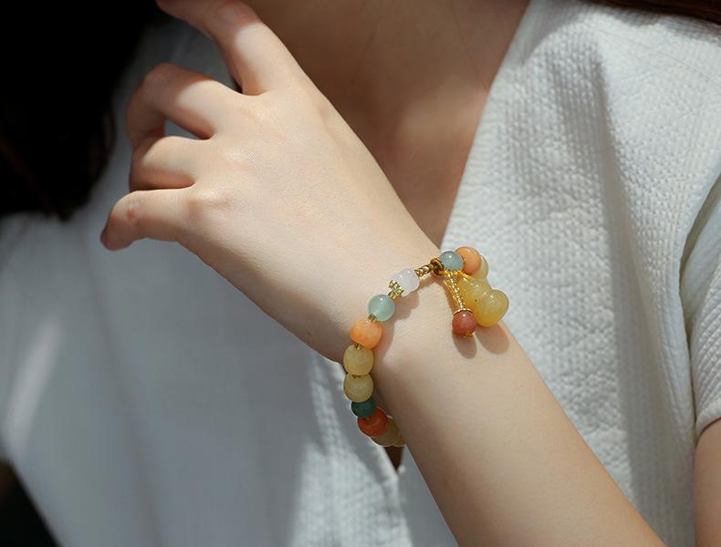 Natural Xinjiang Golden Silk Jade Bracelet Ethnic Style Colorful Jade Candy Color Yellow Green Barrel Beads Hanging Gourd Bracelet