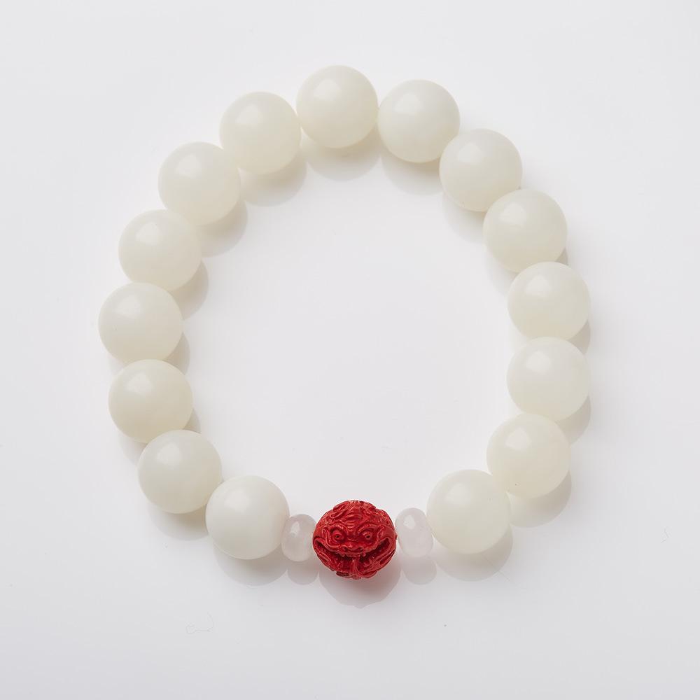 Natural 12MM White Jade Bodhi Bracelet with Cinnabar and Red Sand Pixiu, Soft Wrap-around Bead Bracelet for Men and Women, Single Circle Buddhist Prayer Beads