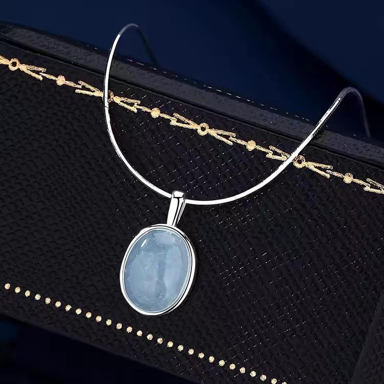 S925 Aquamarine Pendant Sterling Silver Necklace Women's High-Grade Non-Fading Summer Ins All-Matching Light Luxury Minority Ornament