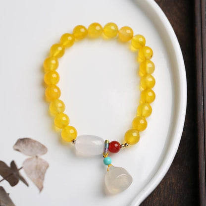 Natural 8MM Yellow Agate Bracelet White Chalcedony Barrel Beads Hanging Lotus Pod Bracelet Jewelry Hand Accessories Couple Best Friend Gift