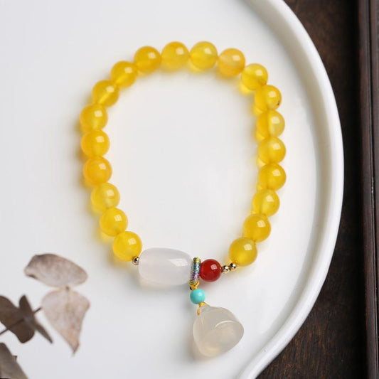 Natural 8MM Yellow Agate Bracelet White Chalcedony Barrel Beads Hanging Lotus Pod Bracelet Jewelry Hand Accessories Couple Best Friend Gift