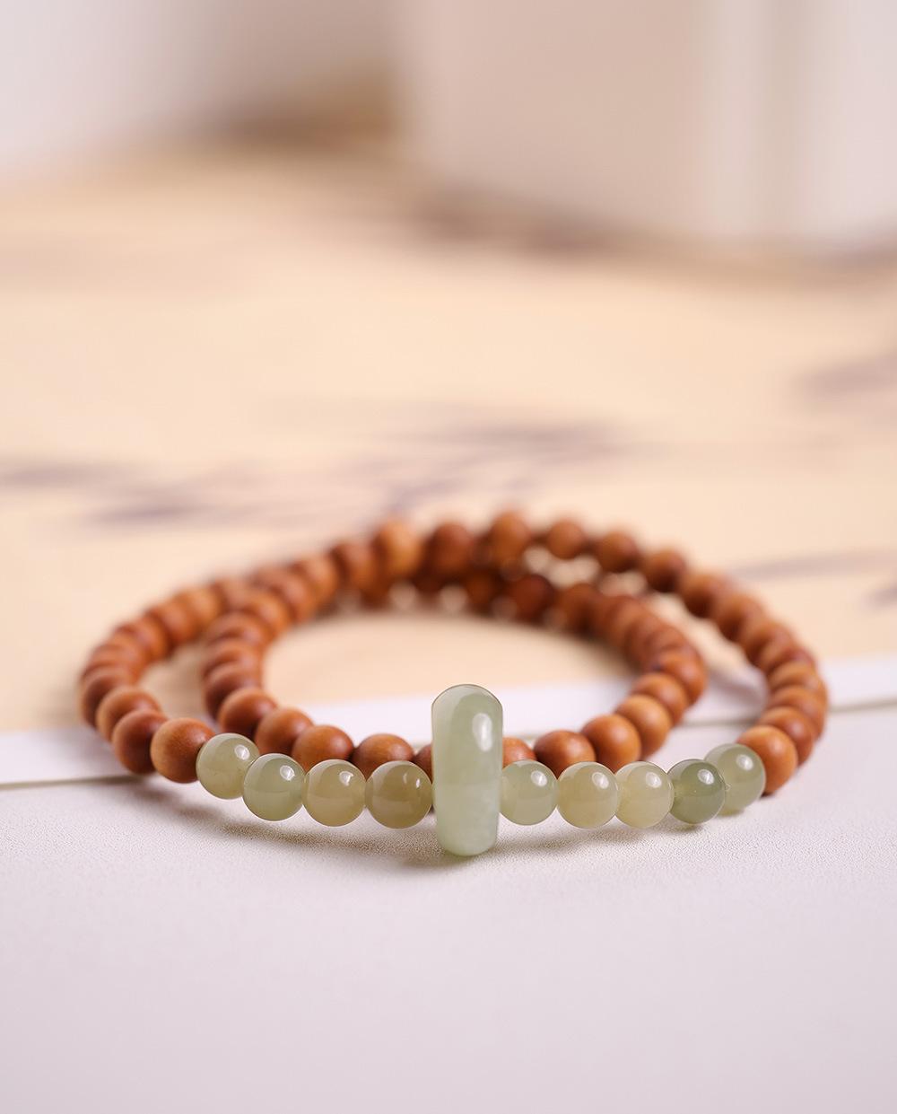 Qingshan Dai Lingyin Milk Fragrance Sandalwood Hetian Running Ring Double Circle Bracelet Ethnic Style Simple Jade Bracelet Couple Style