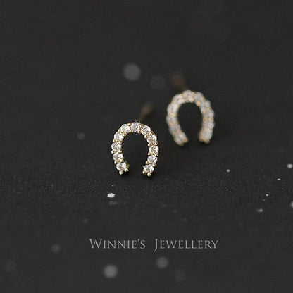 Full Diamond Horseshoe S925 Sterling Silver 14K Gold Plated Earrings Small Delicate Zircon Inlaid Exquisite U-Shaped Lucky Earrings for Women