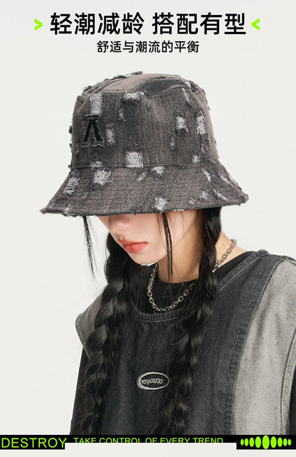 Spring Summer Denim Fisherman Hat for Women, Unique Trendy Distressed Sun Hat for Men, Korean Fashion Face-Slimming Bucket Hat