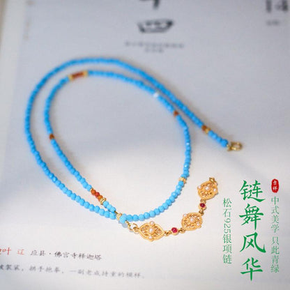 New Chinese Style Ultra-Fine Cut Magnesite Necklace for Women S925 Silver Filigree Enamel Pearl Flower Pendant Collarbone Chain
