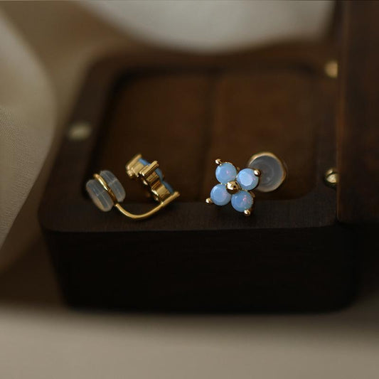 Non-Pierced Clip-On Earrings Blue Moonstone Flower Small Stud Earrings Silicone Earrings for Women New High-End Summer