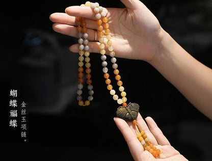 Qipao Beautifully Paired with Xinjiang Gold Silk Jade Sweater Chain Necklace Rose Blossom Prosperity Women's Clothing Hanging Chain Accessories Ethnic Style
