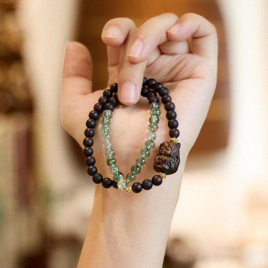 Agarwood Bracelet Nine-Tailed Fox Phoenix Nine Fox White Crystal Double Circle Bracelet High-End Buddhist Bead Bracelet