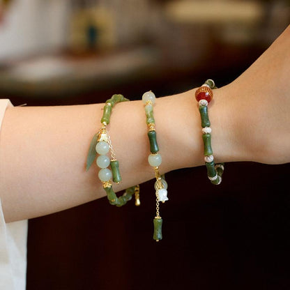 Natural Olive Jade Bamboo Knot Bracelet for Women, One Leaf Wealth Lily of the Valley Hetian Jade Bracelet, Gift for Best Friend