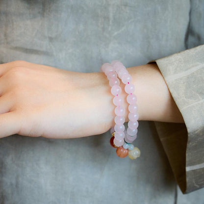 Natural Rose Quartz Bracelet for Women with Gold Thread, Jade Small Pumpkin Tassel Double Circle Bracelet, Pink Crystal Bracelet, Best Friend Gift