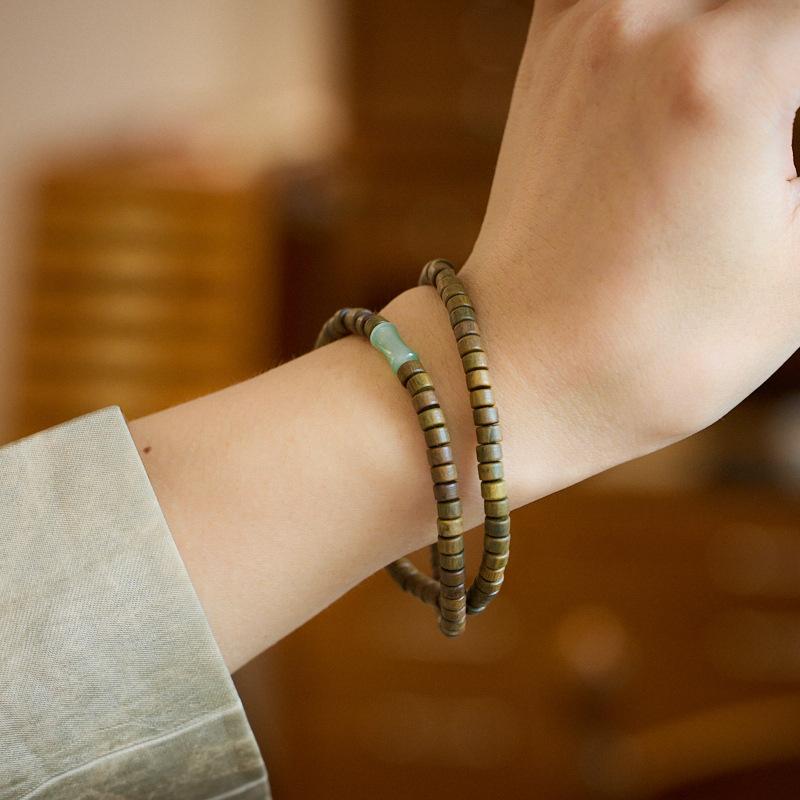 Natural Green Sandalwood Bracelet Bamboo Knot Abacus Beads Straight Cut Green Sandalwood Double Circle Bracelet Small Beads DIY Cultural Play Bracelet