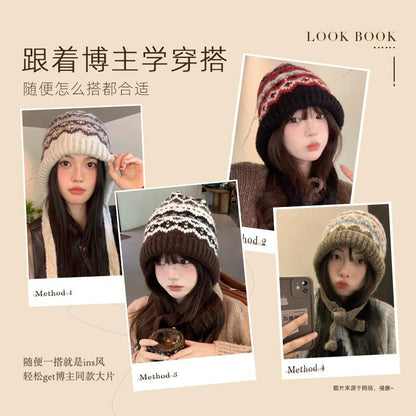 Korean Style Hat for Women Winter Knitted Drawstring Slouchy Beanie Fair Isle Style Retro Versatile Wool Hat for Women