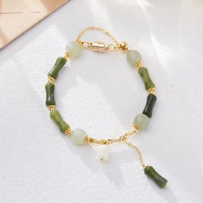 Natural Olive Jade Bamboo Knot Bracelet for Women, One Leaf Wealth Lily of the Valley Hetian Jade Bracelet, Gift for Best Friend