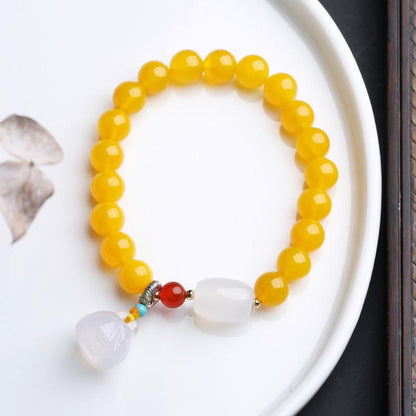 Natural 8MM Yellow Agate Bracelet White Chalcedony Barrel Beads Hanging Lotus Pod Bracelet Jewelry Hand Accessories Couple Best Friend Gift