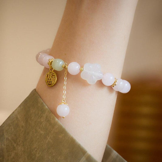 Original Rose Quartz Bracelet for Women Peach Blossom Pink Crystal Bracelet New Chinese Style Ancient Feng Fu Pendant Jewelry