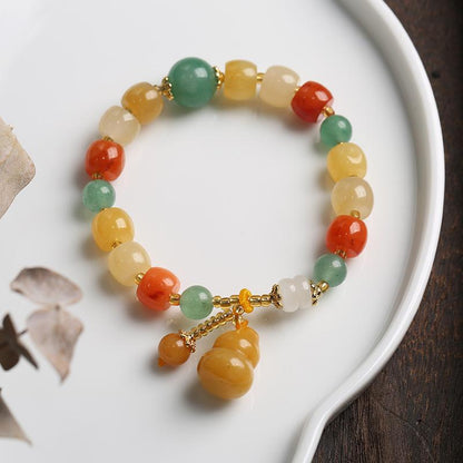 Natural Xinjiang Golden Silk Jade Bracelet Ethnic Style Colorful Jade Candy Color Yellow Green Barrel Beads Hanging Gourd Bracelet