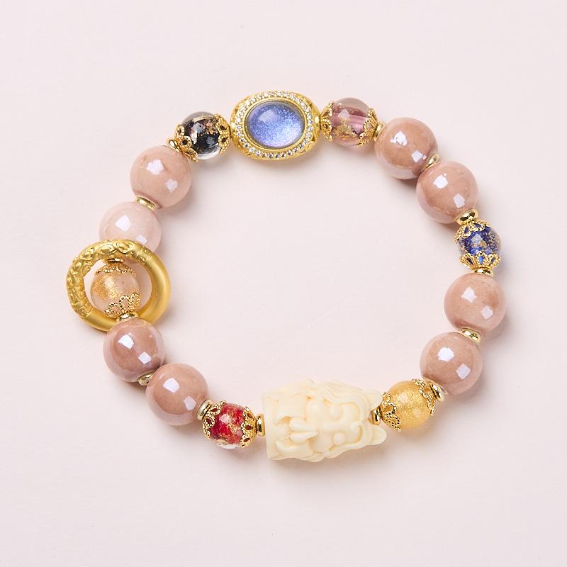 Temple Style Nine-Tailed Fox Ash Porcelain Glass Bracelet for Women Fox Demon Little Matchmaker Peach Blossom Good Luck Bead Bracelet