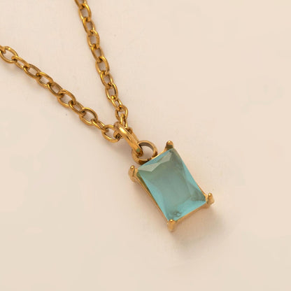 Titanium Steel Necklace Rectangular December Birthstone Pendant Colorful Zircon Clavicle Chain for Women Titanium Steel Plated with 18K Gold Color Retention