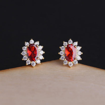 S925 Sterling Silver 18K Gold Plated Earrings for Women Inlaid with Zircon Simple Elegant Garnet Earrings Jewelry