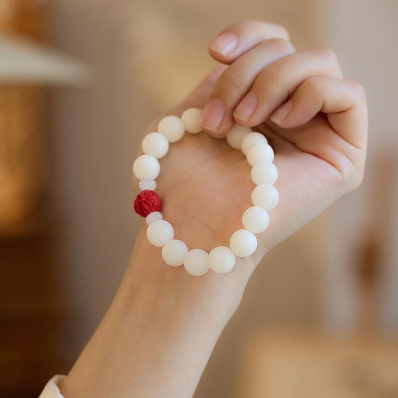 Temple Style Natural White Jade Bodhi Bracelet with Cinnabar Red Sand Pixiu Soft Wrap Bracelet for Men and Women Buddhist Prayer Beads