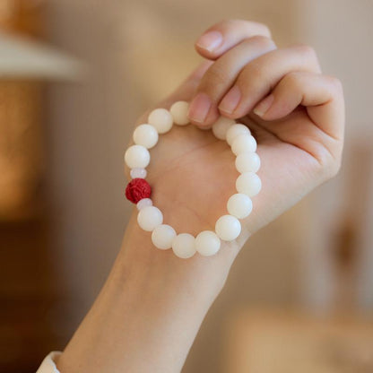 Temple Style Natural White Jade Bodhi Bracelet with Cinnabar Red Sand Pixiu Soft Wrap Bracelet for Men and Women Buddhist Prayer Beads