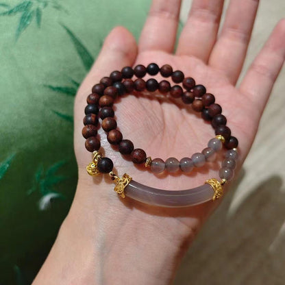 New Chinese Style Milky Fragrance Barbie Sandalwood Bracelet Semi Raw Smoke Purple S925 Silver Chalcedony Agate Double Combination High-end Bracelet