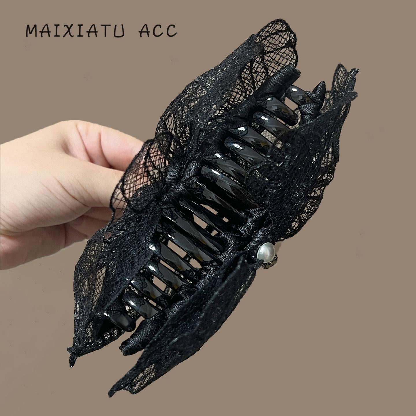 Lannuo Black Lace Trim Bow Hair Clip Simple French Elegant Back of Head Shark Clip Large Claw Clip
