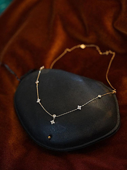 S925 Silver Plated 18K Gold Four-Leaf Clover Lucky Vintage Simple Elegant Collarbone Necklace