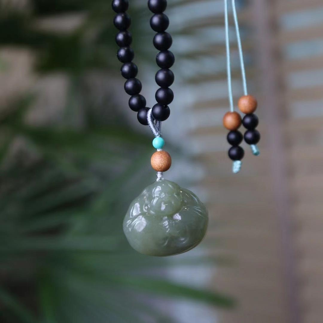 Natural Hetian Jade Hugging Buddha Pendant Necklace Couple Style Jade Pendant Exquisite Carving Braided Cord