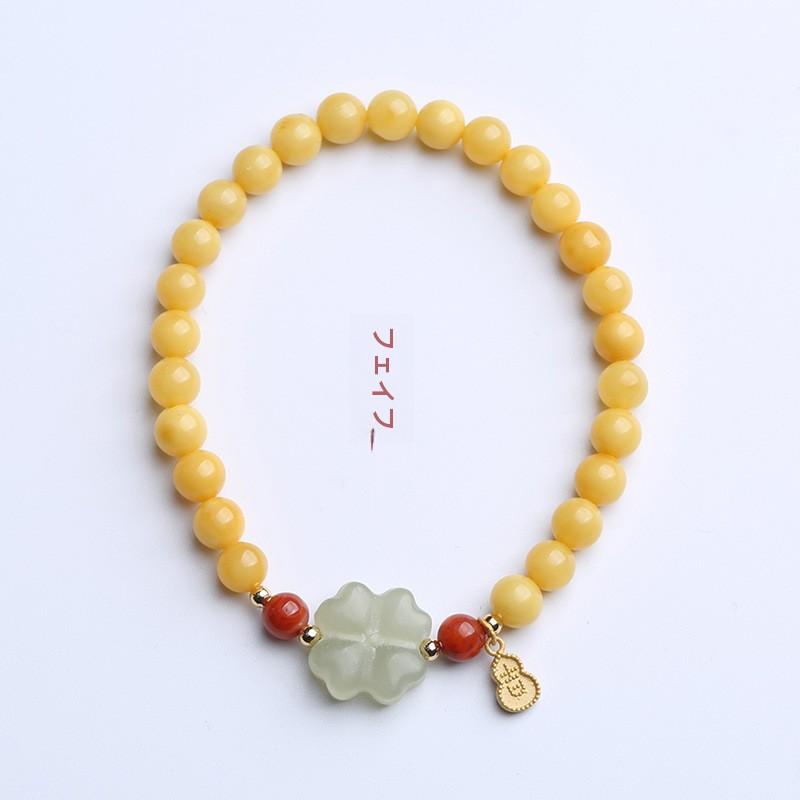 Natural Chicken Fat Yellow Beeswax Buddha Beads Bracelet for Women Amber Hetian Jade Single Circle Bracelet Retro Chinese Style Design
