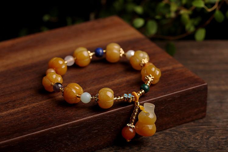 Gold Silk Jade Bracelet Wholesale Drum Beads Pumpkin Beads Gourd Ethnic Style Bracelet Yellow Jade Pixiu Bracelet for Women