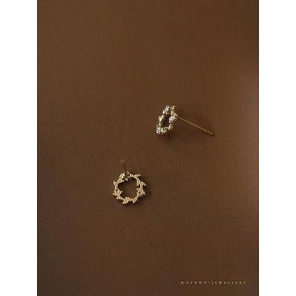 S925 Sterling Silver Gold-Plated Earrings for Women Zircon Branch Leaf Small Flower Ring Elegant Petite Floral Korean and Japanese Style Earrings