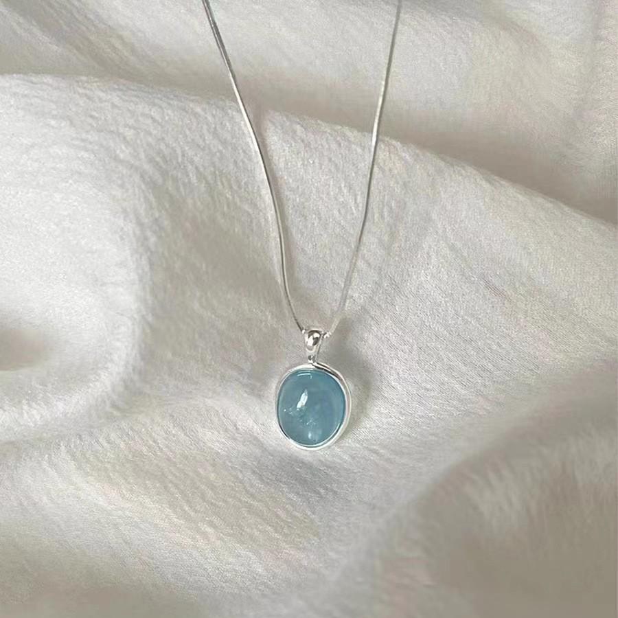S925 Aquamarine Pendant Sterling Silver Necklace Women's High-Grade Non-Fading Summer Ins All-Matching Light Luxury Minority Ornament