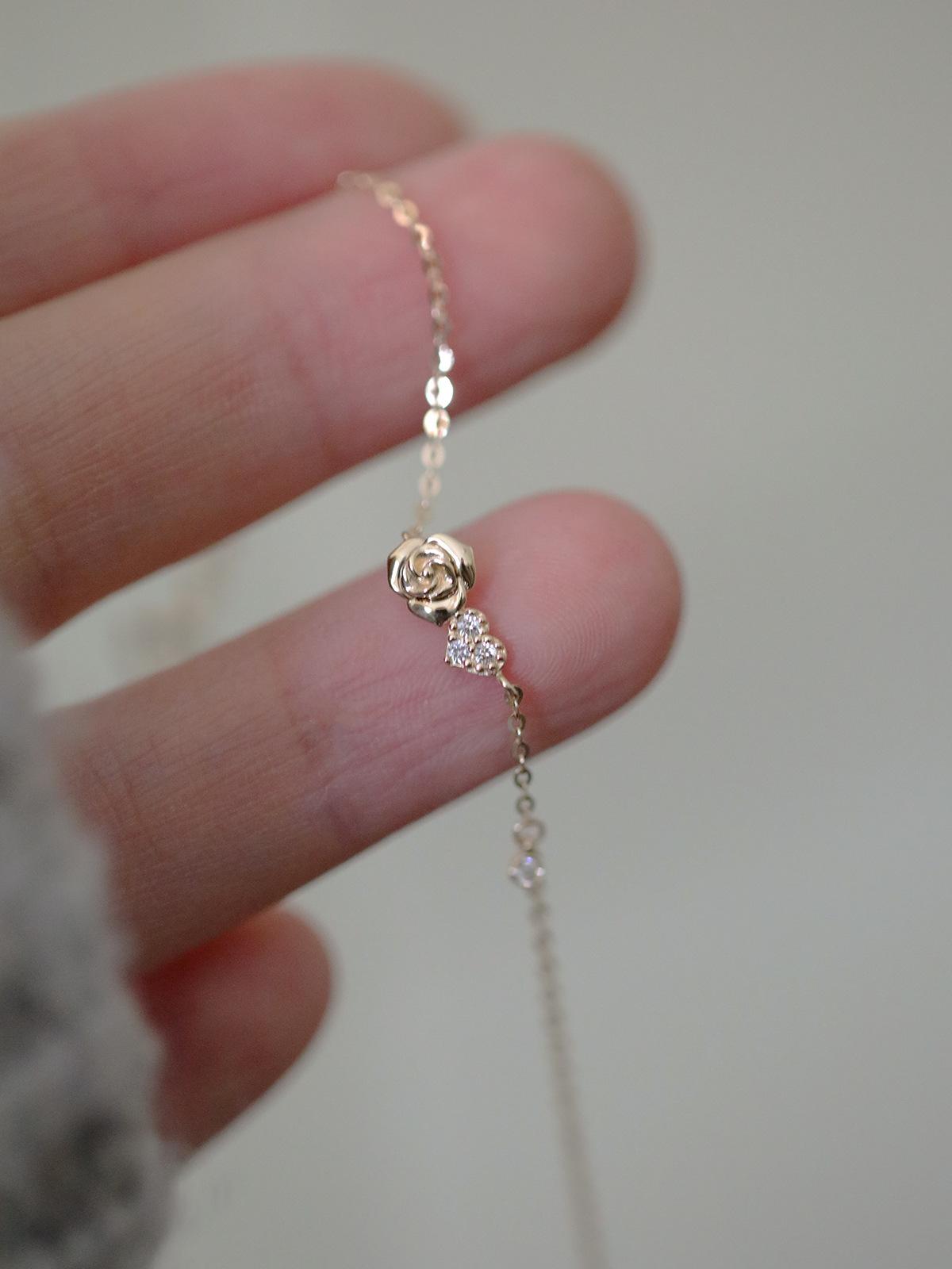 Rose Flower S925 Silver Plated 14K Gold Fine Sparkling Rose Heart Ultra-Thin Bracelet Gift
