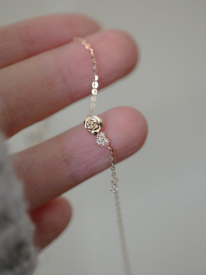 Rose Flower S925 Silver Plated 14K Gold Fine Sparkling Rose Heart Ultra-Thin Bracelet Gift