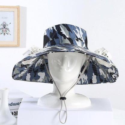 Men's Summer Wide Brim Dual Fan USB Rechargeable Fan Hat Adult Outdoor Sunshade Sun Protection Fishing Work Hat