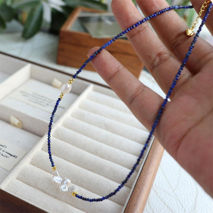 Design Simple Natural Lapis Lazuli Malachite Freshwater Petal Pearl Necklace Ultra-fine Layered Collarbone Chain Necklace