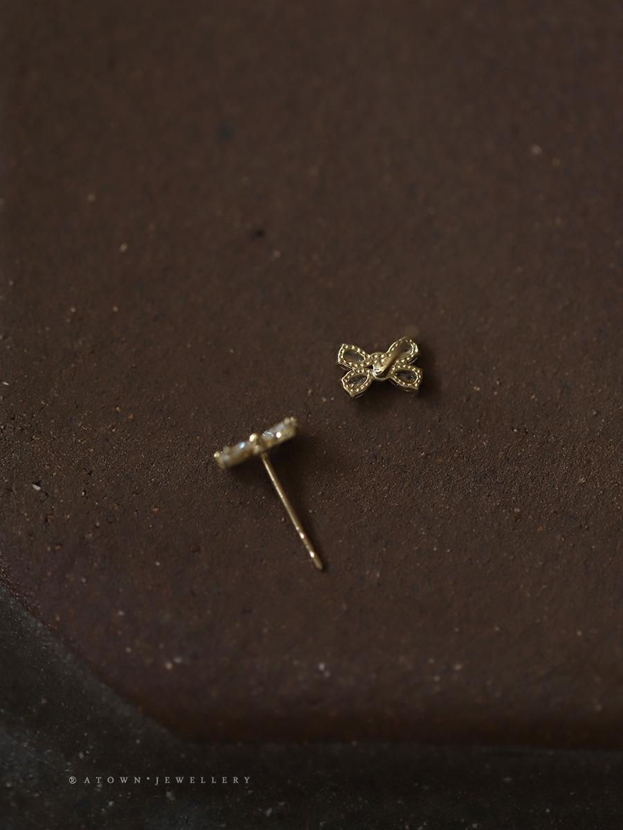 S925 Silver Plated 14K Gold Earrings Four Diamonds Bowknot Sweet Korean Design Mini Earrings Girlfriend Gift