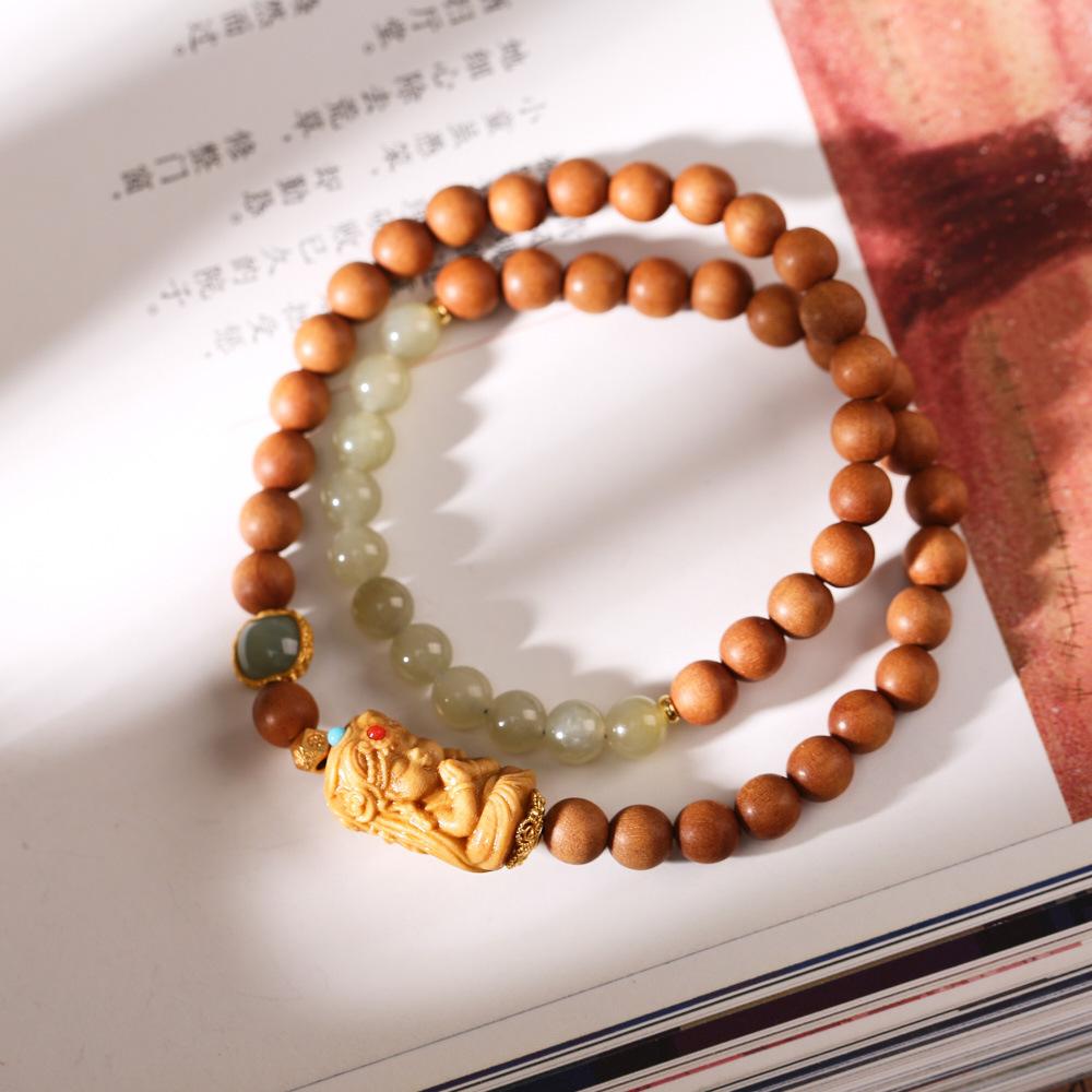 Qingshan Dai Lingyin Milk Fragrance Sandalwood Hetian Running Ring Double Circle Bracelet Ethnic Style Simple Jade Bracelet Couple Style