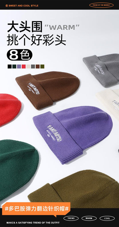 Autumn Winter Knitted Hat for Women Korean Version Large Head Circumference Fashionable Cold Hat for Men Trendy Woolen Hat Couple Matching Style