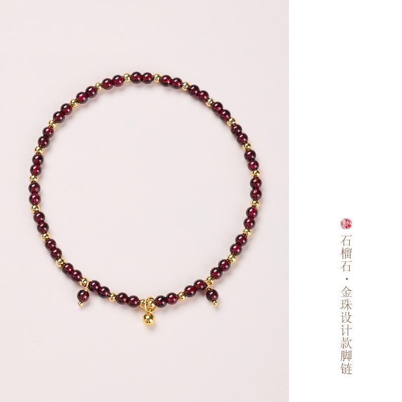 Natural 4MM Garnet Anklet for Women with Leaf and Heart Design, New Chinese Style, High-End Crystal Anklet