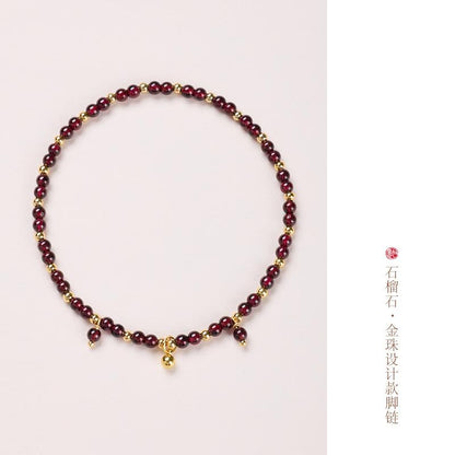 Natural 4MM Garnet Anklet for Women with Leaf and Heart Design, New Chinese Style, High-End Crystal Anklet