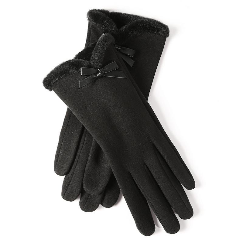 Autumn Winter Thermal Gloves for Women Outdoor Cold-Proof Fleece-Lined Warm Gloves Cute Bow Driving Gloves Touchscreen Compatible