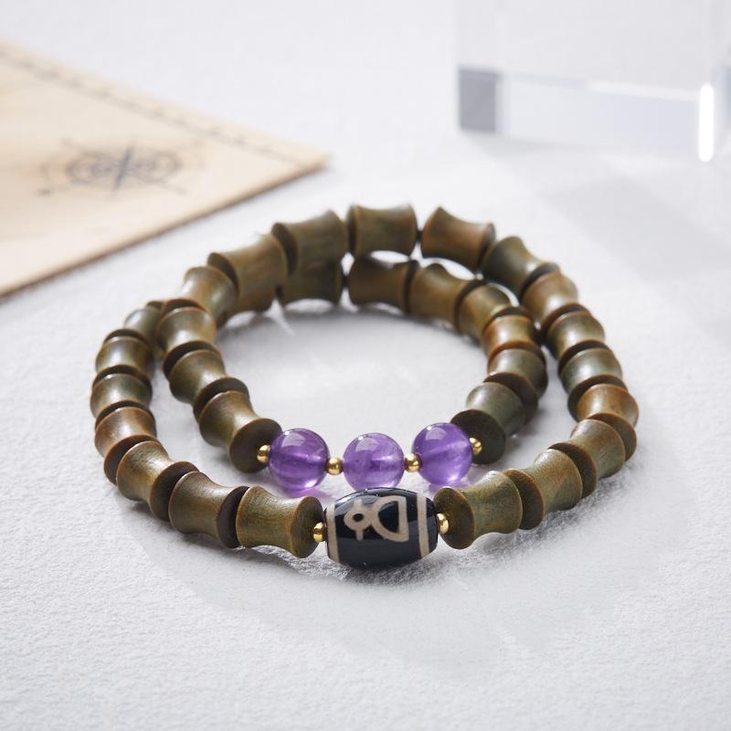 Natural Green Sandalwood Bamboo Knot Bracelet Nine Purple Fire Luck Bracelet for Women Tibetan Style Dzi Bead High-end Crystal Bracelet