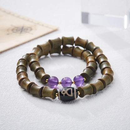 Natural Green Sandalwood Bamboo Knot Bracelet Nine Purple Fire Luck Bracelet for Women Tibetan Style Dzi Bead High-end Crystal Bracelet